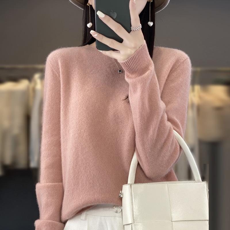 Women's Round Neck Wool Knit Sweater - Simple, Versatile, Long Sleeve Base Layer