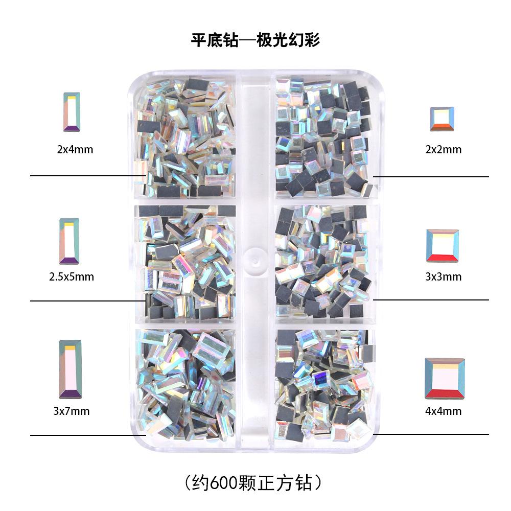 6 Grid Square Diamond Set, Nail Art Jewelry, Diamond Mirror Transparent Square Diamond Mixed Flat Bottom Diamond Diy Nail Decoration
