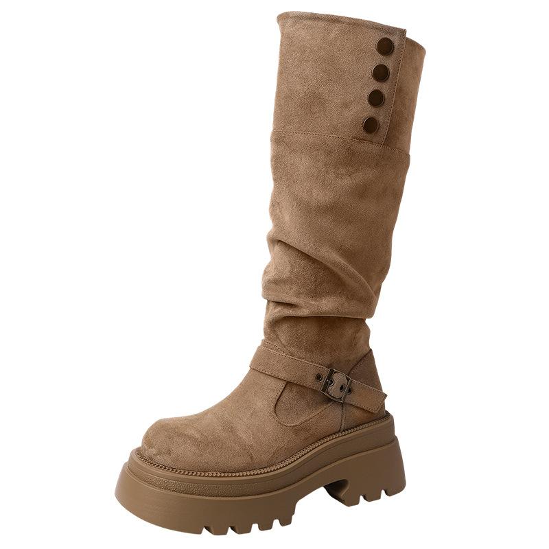 Fashion Versatile Pleated Foldable Boots Women's Autumn and Winter 2025 New Retro Solid Color Fashion Boots