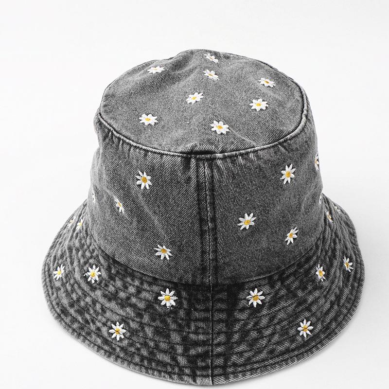 Vintage Washed Distressed Daisy Embroidery Bucket Hat Fisherman Cap - Casual, Relaxed Fit, Summer Fashion Accessory for Women