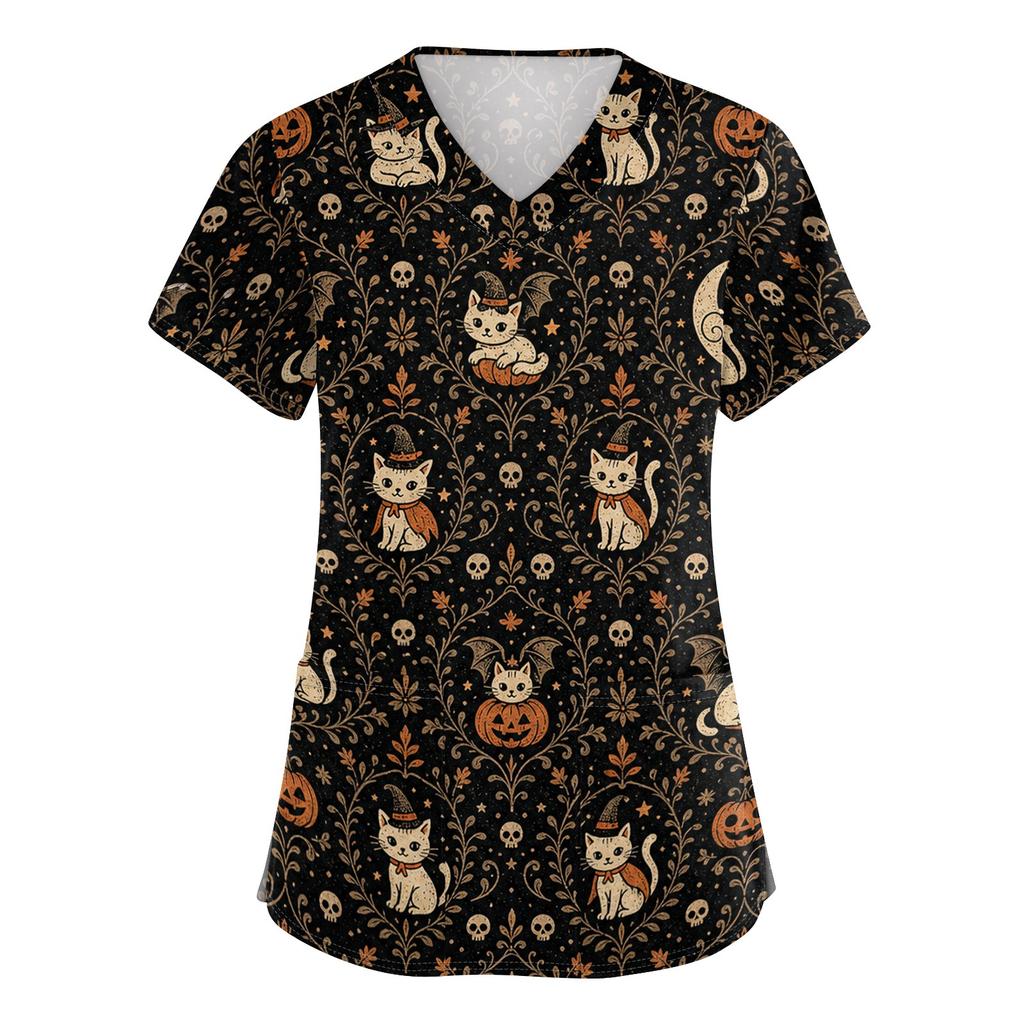 Women V Neck Halloween Print Short Sleeve Medical Scrub Top with Pocket Side Slit Design Comfortable Fit Workwear