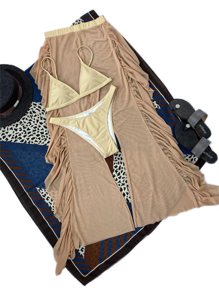 European and American Women Sexy Bikini Set 3 Pieces Swimwear Set Padded Top Thong Bottom Ruffled Mesh Long Pants Swimsuit Solid Bathing Suit