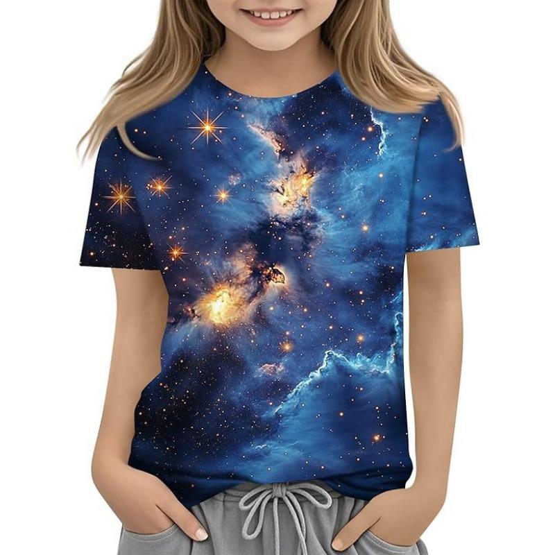 Girls T Shirts Summer Casual Starry Sky 3D Printed Short Sleeved Round Neck Children's T-shirt