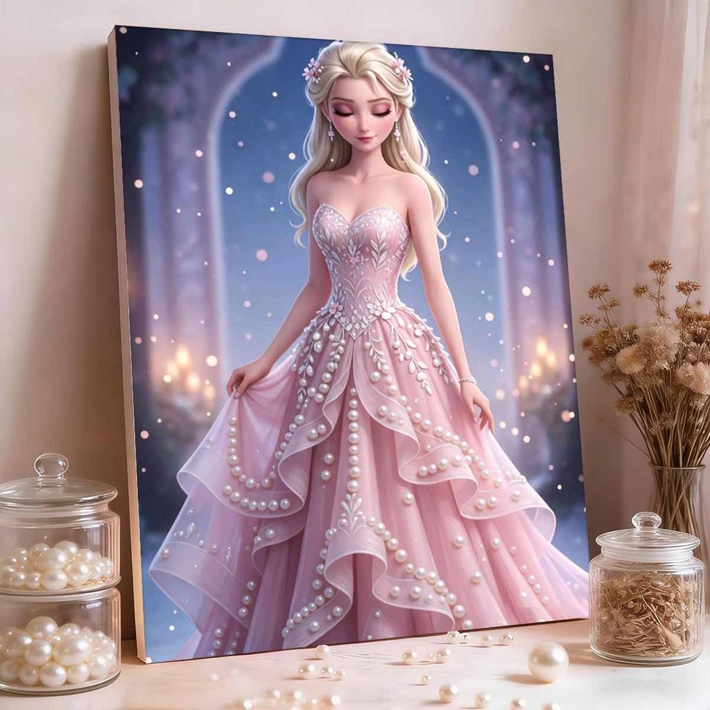 Pink Gown Starry Elsa New Pearl-Inlaid Frameless Art | Handmade Pearl Craft, Starry Arch & Candlelight Theme, for Romantic Luxury Decor