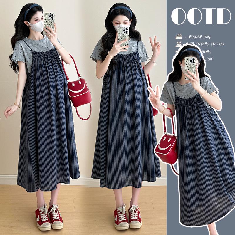 Korean Maternity Set: Polka Dot Cotton Tee + Striped Suspender Dress