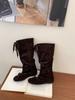 New inner height increase women's straps bow boots round head high boots suede thin fashion boots