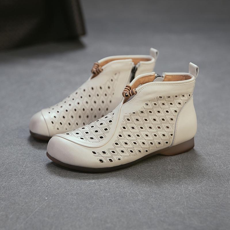 Johnature Retro Summer Short Boots Flat Side Zipper Genuine Leather Hollow-out Breathable Women's Shoes