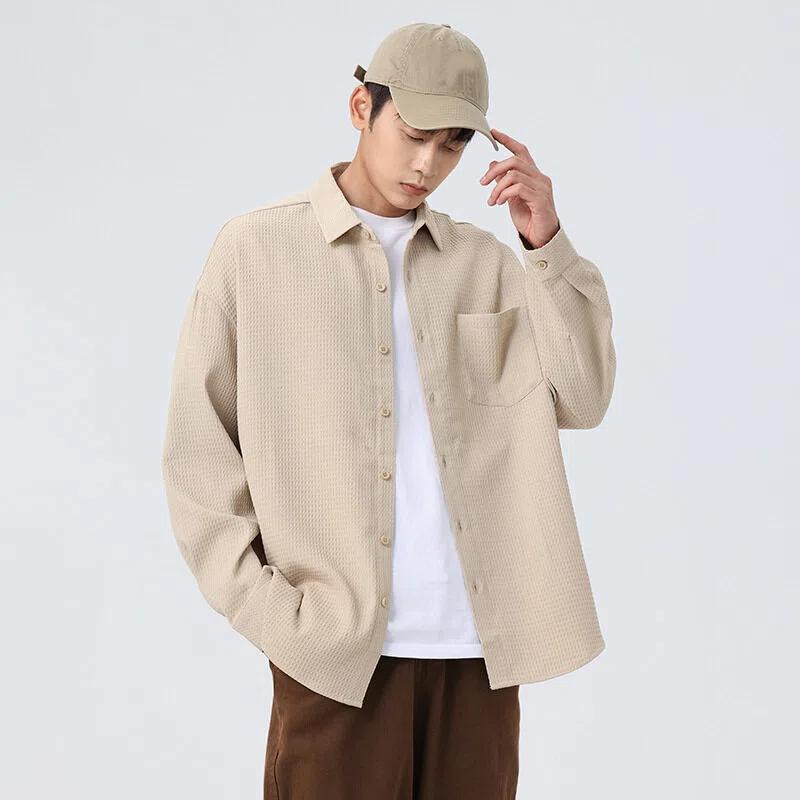 Men's Casual Waffle Knit Long Sleeve Button Down Shirt with Chest Pocket