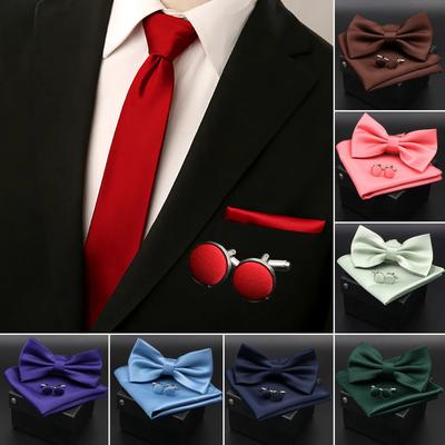 Set di gemelli per fazzoletto da uomo con papillon in tinta unita, accessori per cena, festa di nozze, farfalla in poliestere