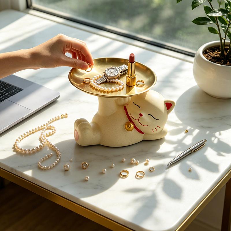 Cute Lying Lucky Cat Resin Figurine with Metal Tray Animal Sculpture for Jewelry Storage Living Room Vanity Table Home Decor