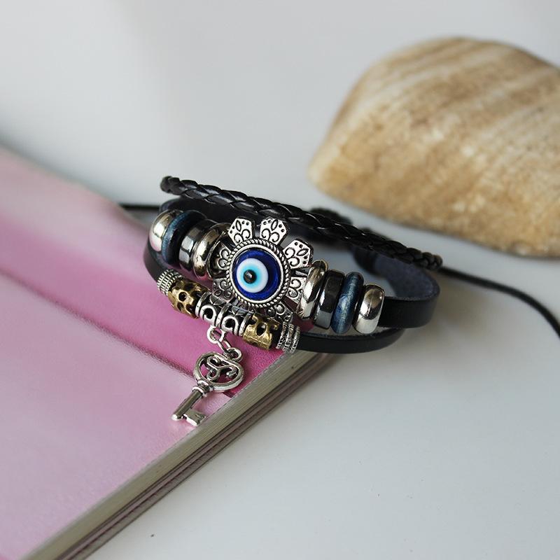 1Pcs Multilayer Vintage Demon Eye Lucky Bangle Punk Jewelry Turkish Blue Evil Eye Flower Leather Rope Bracelets For Women Men