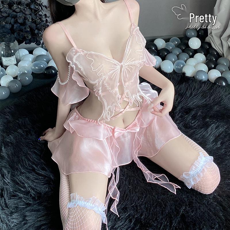 Ruo Lan Backless Pearl Sparkle Butterfly Lingerie Set 9224