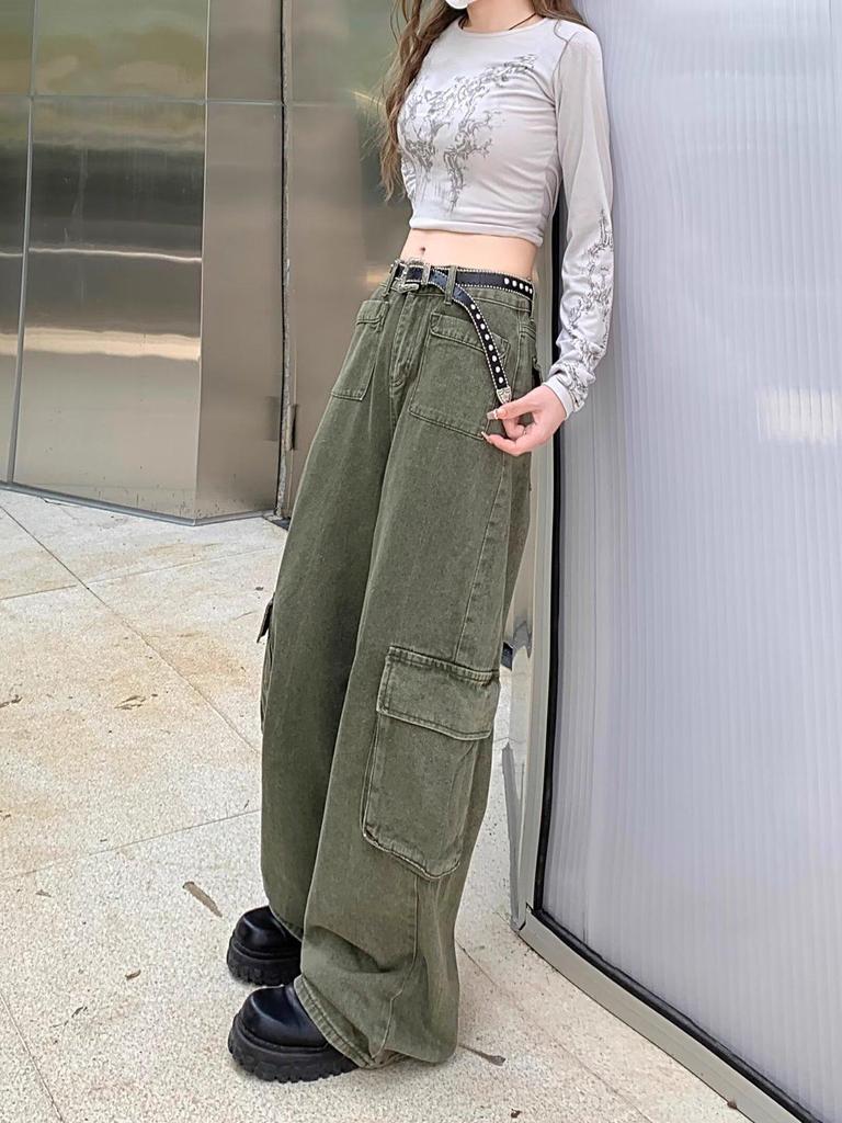 Women's Plus Size High Waist Wide Leg Military Green Denim Pants