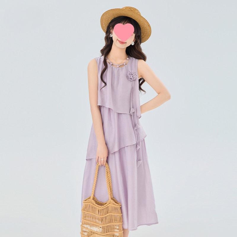 Women s 2025 Summer French Sleeveless Vest Cake Dress - Petite Holiday A-line Skirt, Loose Fit Medium фиолетовый