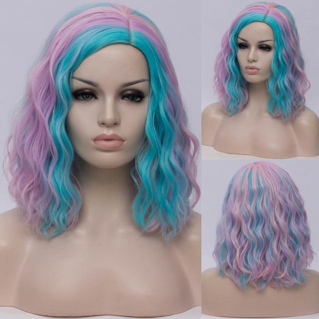 Frau zweifarbig kurze synthetische Perücken Farbverlauf weiß blau gewellt Ombre Haar Perücke für weiße Frauen Cosplay Bob Mittelteil Linie