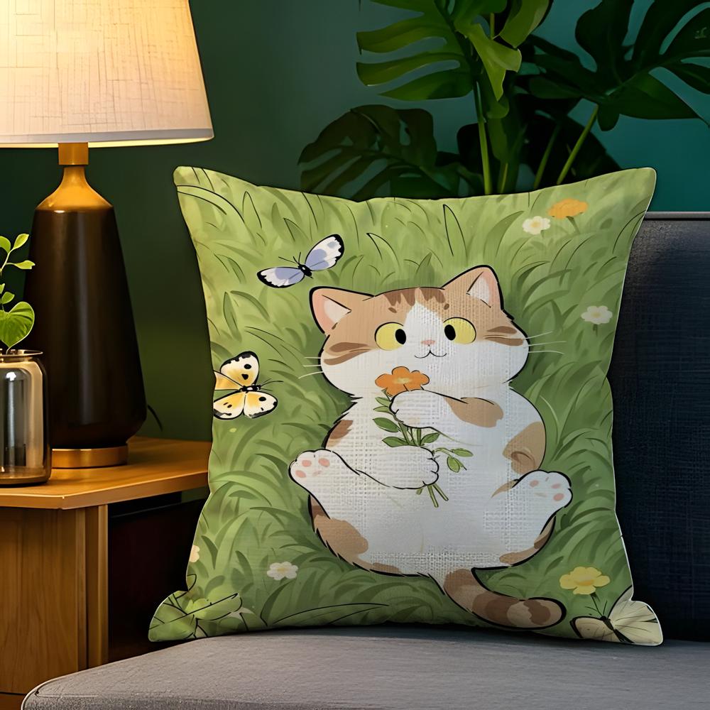 Spring Sunshine Cat Illustrations Pillow Case Natural Linen Pillow Case DoubleSided Decor Sofa Pillowcase Home Decor