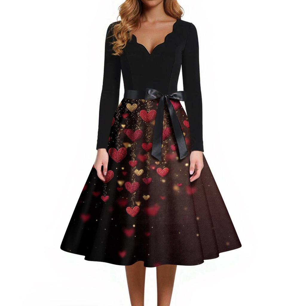 Print Flare Dress For Women Long Sleeve Dress Hollow Party Casual Dresses