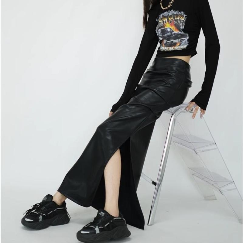 Black High Waist Folds Side Split Pu Leather Skirts For Women Autumn Winter Elegant Brown Bodycon Long Skirts