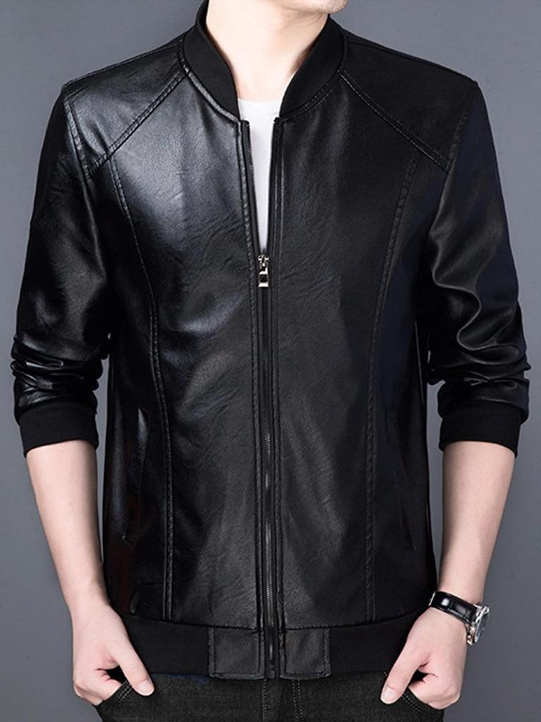 Faux Leather Blouson Riders Long Cold Casual Korean Large Body Big Date Birthday Black [Luxe Relax] Jacket, Casual, Sleeve, Protection, Outerwear,
