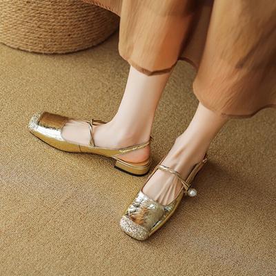 Fashion Women's Baotou Sandals Autumn New Square Head Shallow Mouth Pearl Line with Soft Sole Single Shoes