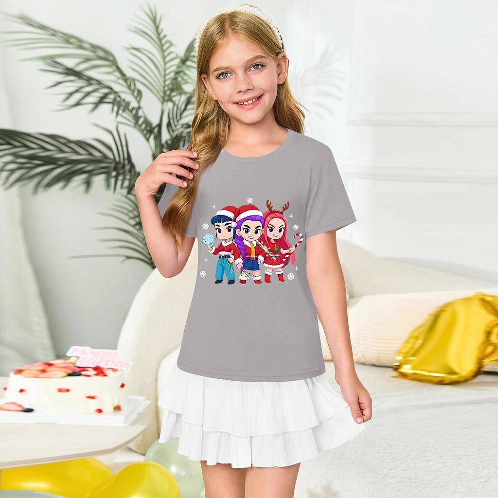 Girls' Round Neck Short Sleeves Christmas Witch  Group Print Casual Short Sleeves