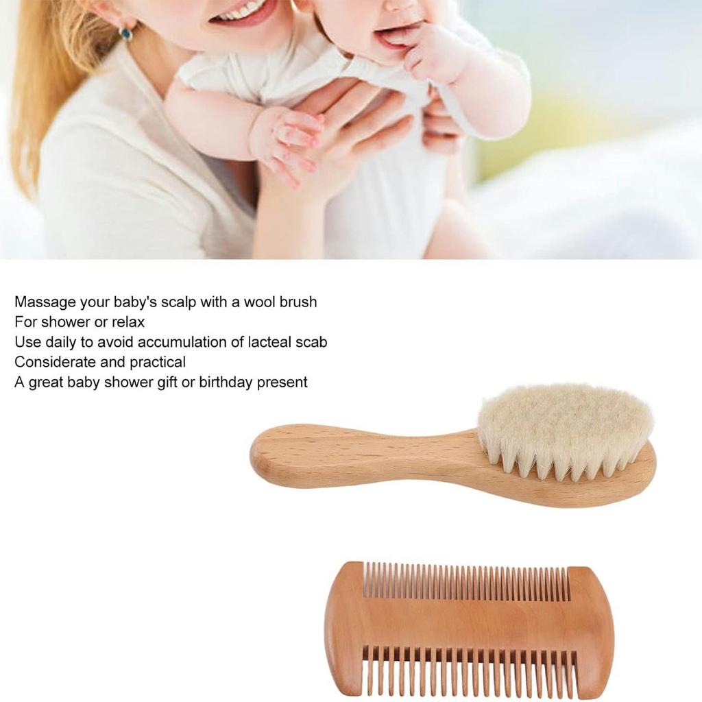 Small Baby Wool Brush and Double-Sided Comb Set Natural Soft Goat Hair Grooming Kit for Scalp Massage