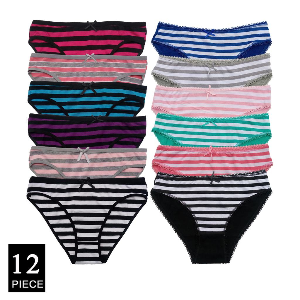 Women's Cotton Panties Sexy Soft Striped Underpants Solid Color Briefs Female Comfortable Stretch Lingerie M-XL 12 Pcs/set