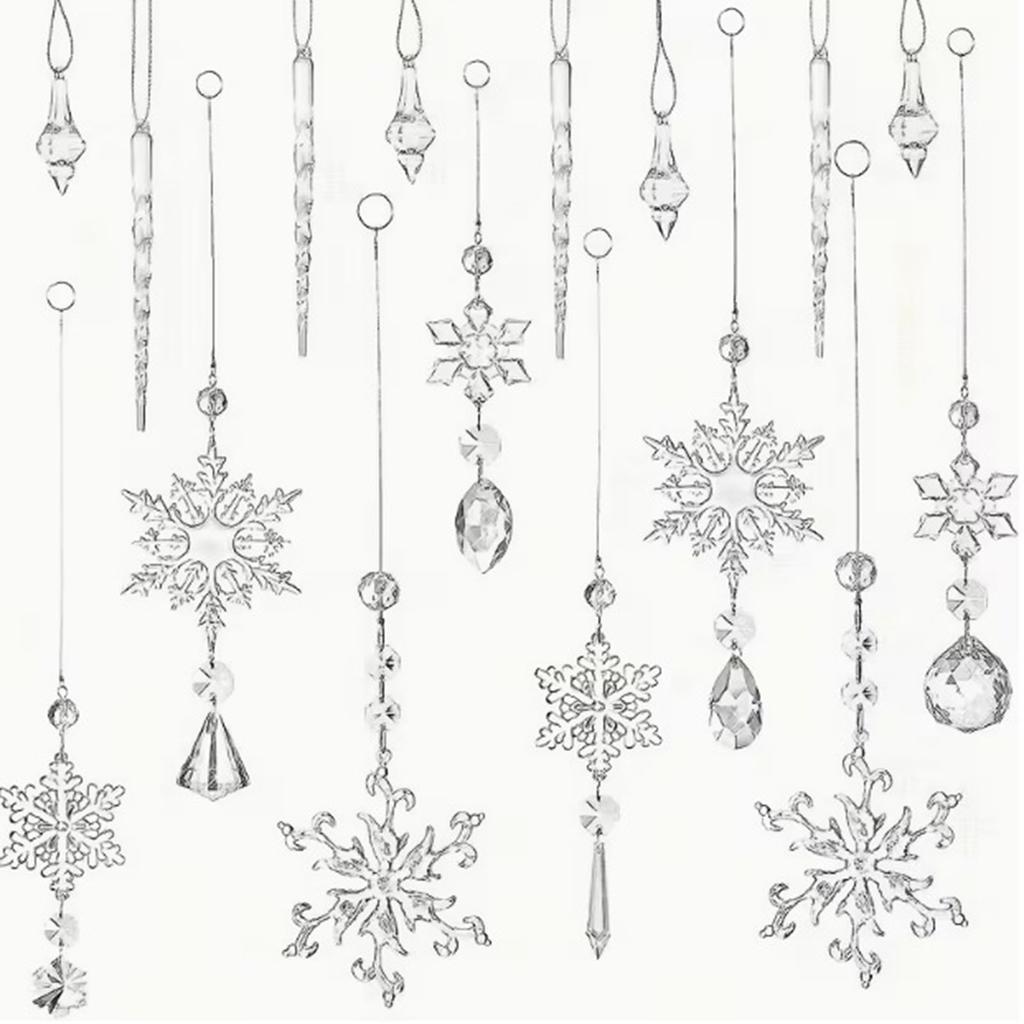 16 Pack 2D Christmas Tree Ornaments Colorful Acrylic Snowflake and Icicle Hanging Decorations for Holiday Xmas Tree