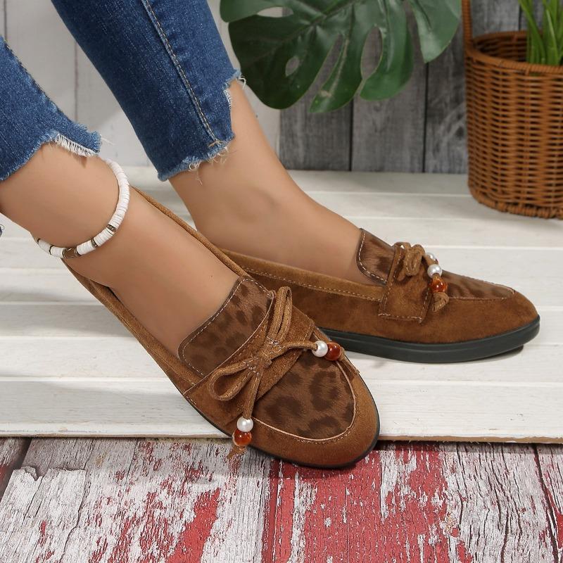 Cow Suede Round Toe Flats Spring/autumn Slip-on Women's Shoes on Sale 2025 New Solid Butterfly-knot Tassel Women's Shoes