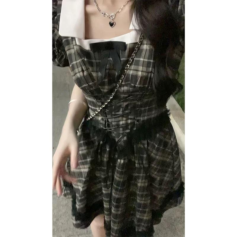 Summer French Vintage College Style Square Neck Lace Bubble Sleeve Plaid Dress Women's Waist Princess Fluffy Dress