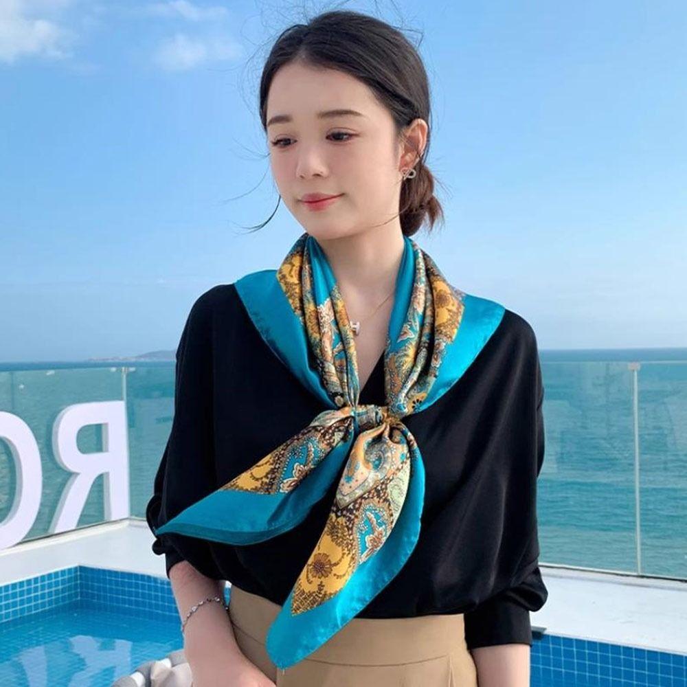 Gift 90x90cm Satin Headscarf Print Imitation Silk Square Scarf Hair Towel