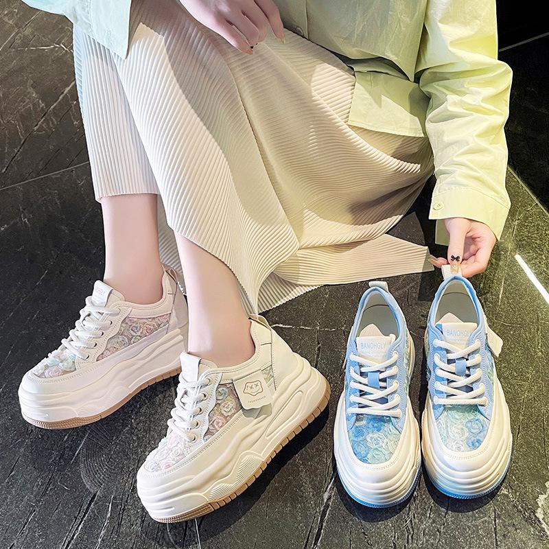 Leather little white shoes women's new single-mesh breathable thick-soled heightening sports and leisure shoes versatile muffin board shoes