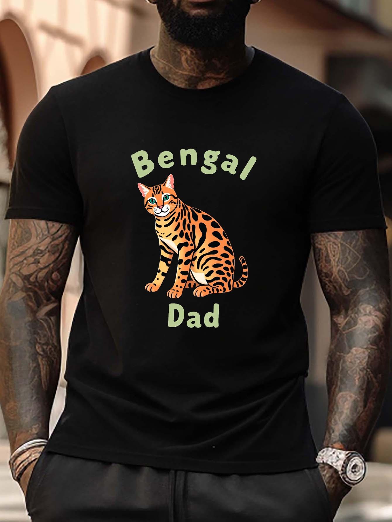 Bengal Cat Dad Graphic Print Plus Size T-shirt - Black Casual Short Sleeve Round Neck Summer Tee XXL