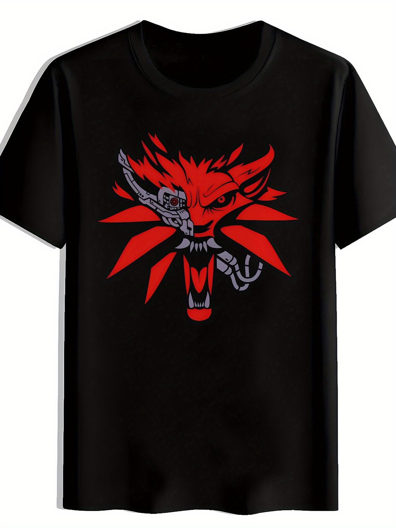 Graphic T-shirt with Bold Red Wolf Design - Casual Crew Neck M