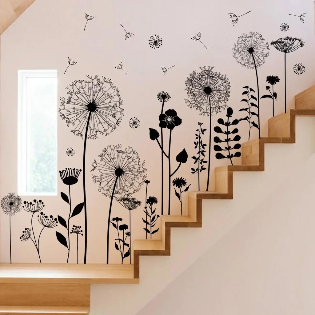 Wall Sticker Decorative Vinyl Adhesive Wall Sticker Wall Flowers Dandelion for Window Room Bedroom Black Home Decoration