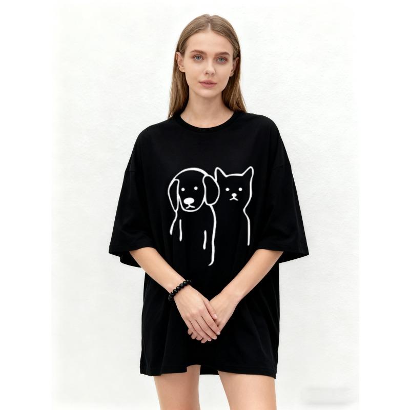 Oversized T Shirt Black Dog and Cat Line Art Print Casual Wear for Women