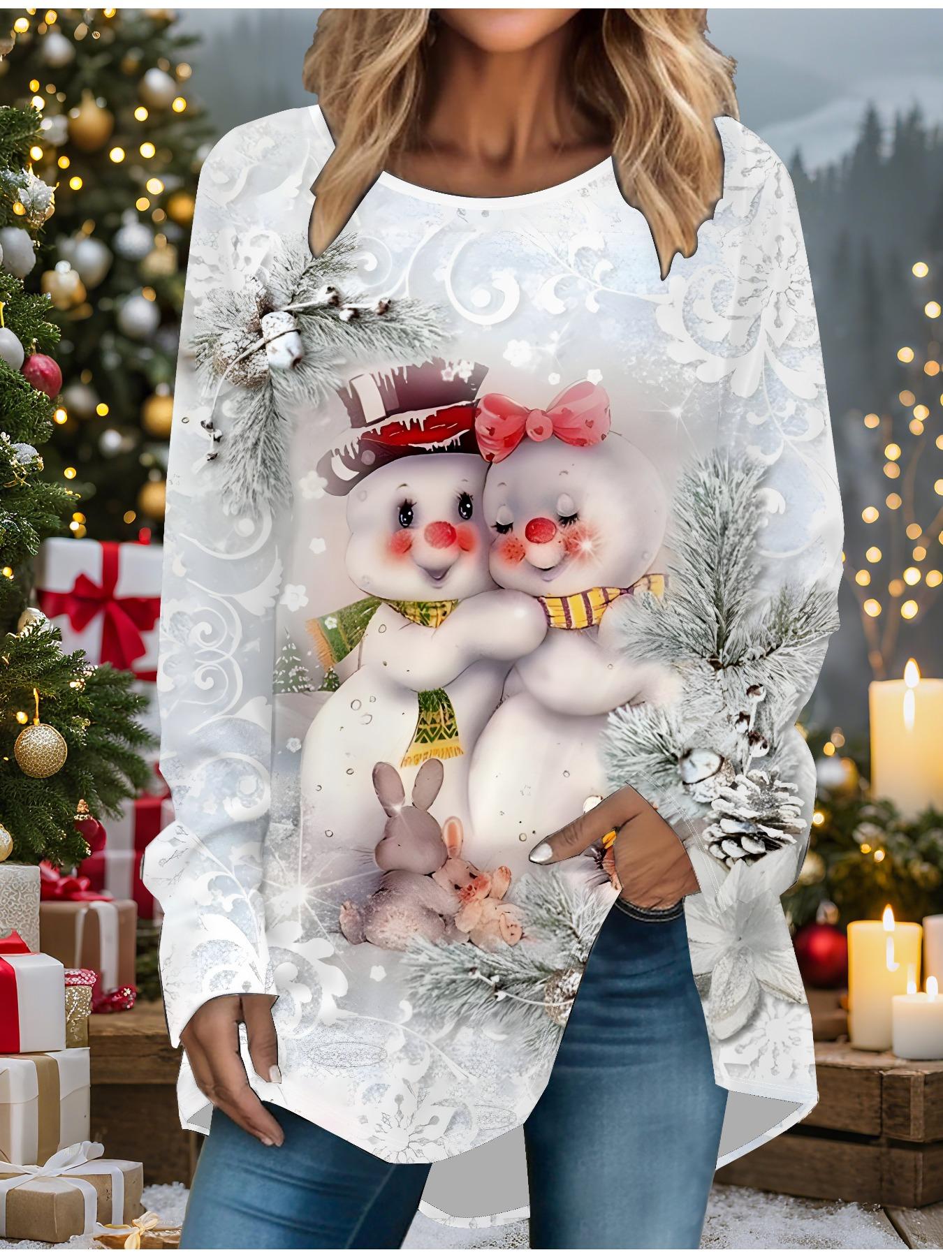 

Женская футболка больших размеров с принтом снеговика на весну и Рождество, удобная, с длинным рукавом, круглым вырезом, повседневная, свободного кроя, средней длины, топы S белый