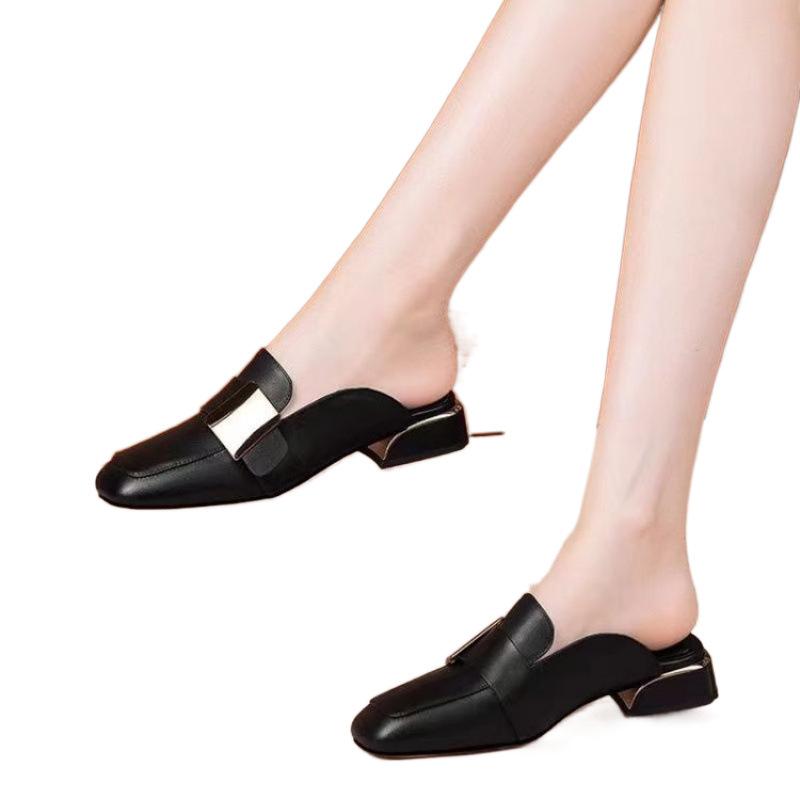 Half-bag head slippers women's summer fashion outer wear versatile square head sandals low-heeled women's shoes 2024 new