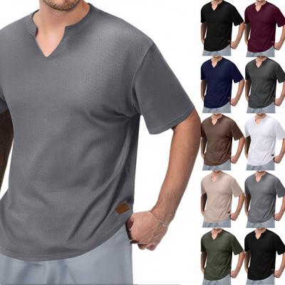 Men's V-neck Strip T-shirt Solid Color Casual Fashion Short-sleeved Top