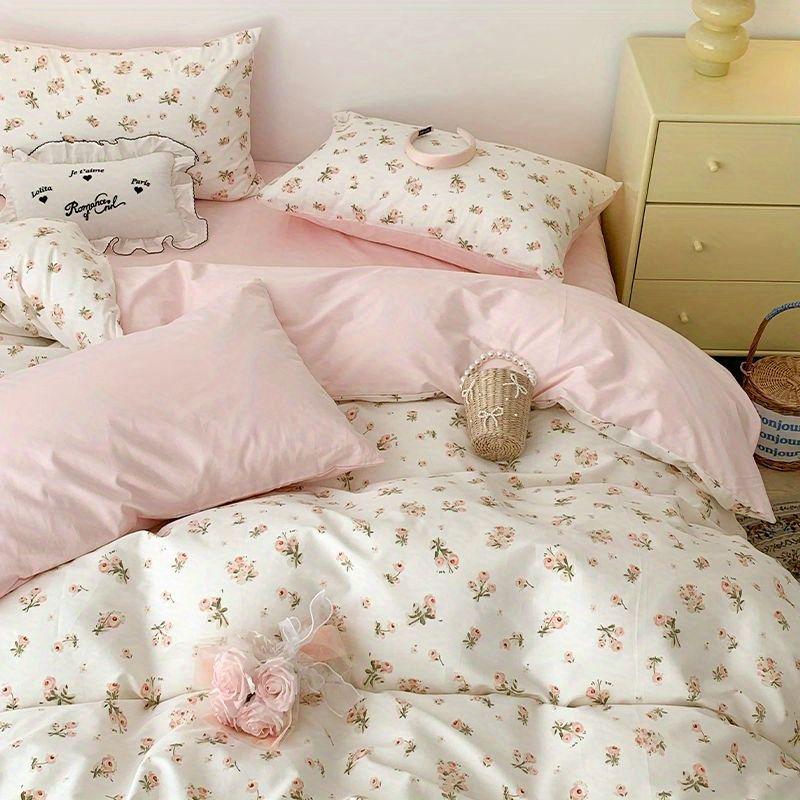Aesthetic Powder Pink Spring/Summer Washable Cotton Bedding Set - Dorm-Friendly Duvet Cover and Sheets