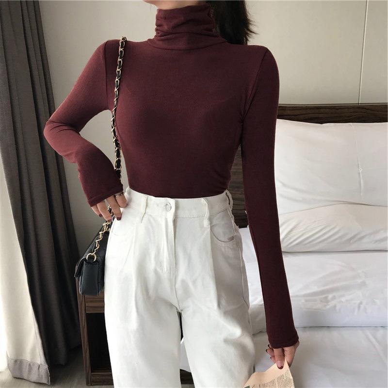 Women's Solid Color High Neck Base Layer Top Korean Style Versatile Long Sleeve T-Shirt Slim Fit Inner Wear for Autumn and Winter