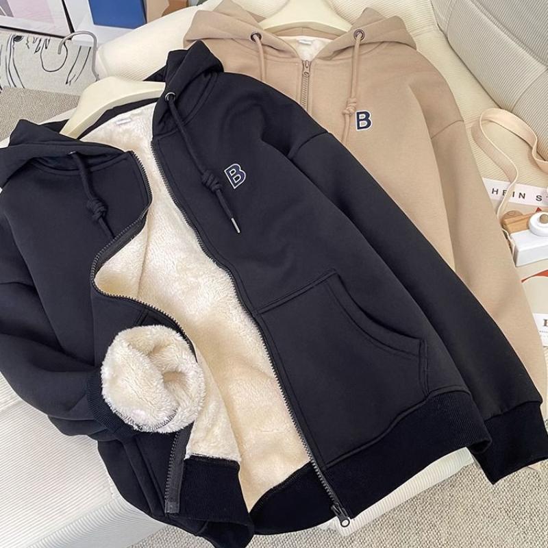 High Quality Lamb Cashmere Hoodie for Women In Winter, New Women's Loose and Plush, Thickened and Warm Zippered Hooded Jacket