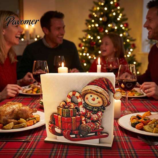 Decorative Winter Kitchen Accessories Snowman Napkin Holder for Dining Table, Wood Vertical Farmhouse Style Dispenser, Christmas Tissue Storage