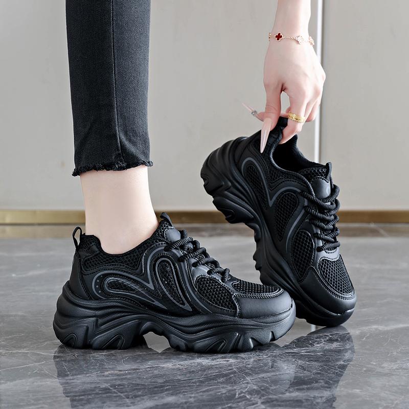 TUINANLE Black Women Platform Sneakers Breathable Lace Up Chunky Casual Comfort Walking Shoes