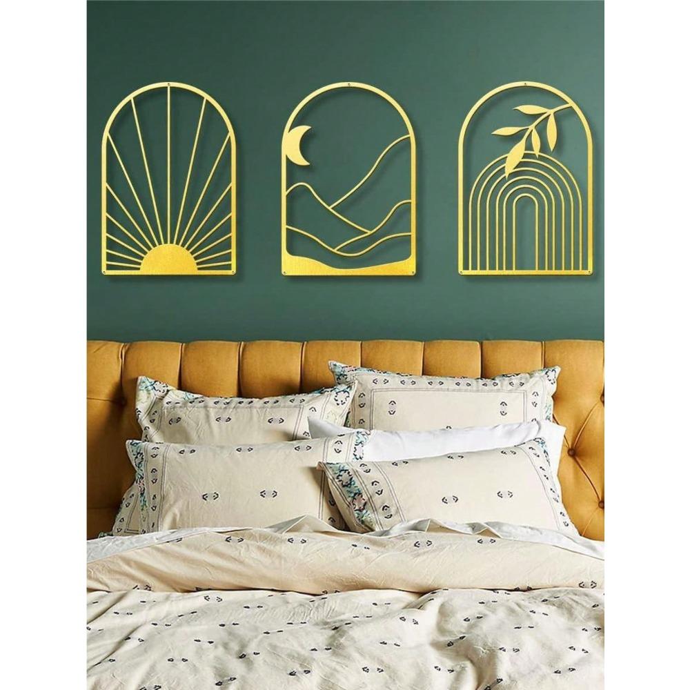 

Gold Iron 3Pcs Bohemian Metal Leaves Wall Art, Minimalist Line Design Modern Decor for Bedroom Living Bathroom, Gift TY5360-01