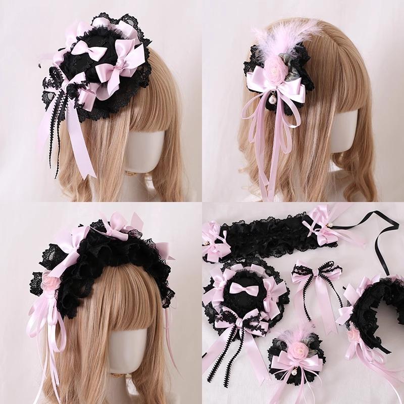 Original Black&Pink Satin Ballet Lolita Headband Edge Clip Top Clip Top Hat Headband Kc Sweet Cool Babes Flat Hat Small Thing