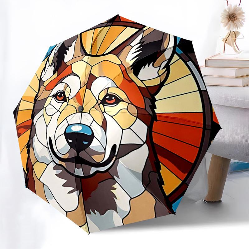 

1pc Stained Glass Wolf Design Automatic Folding Umbrella - Portable 3-Fold Design with 8-Rib Iron Frame - Outdoor for Fans, Travelers, Everyday Use -
