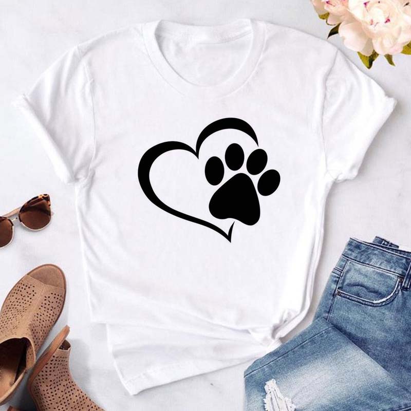 Women Dogs Paws Love Heart Printed T-shirts Fashion Summer Short Sleeve Lady Womens Clothes Tops T-Shirt Black Shirt Tees Female