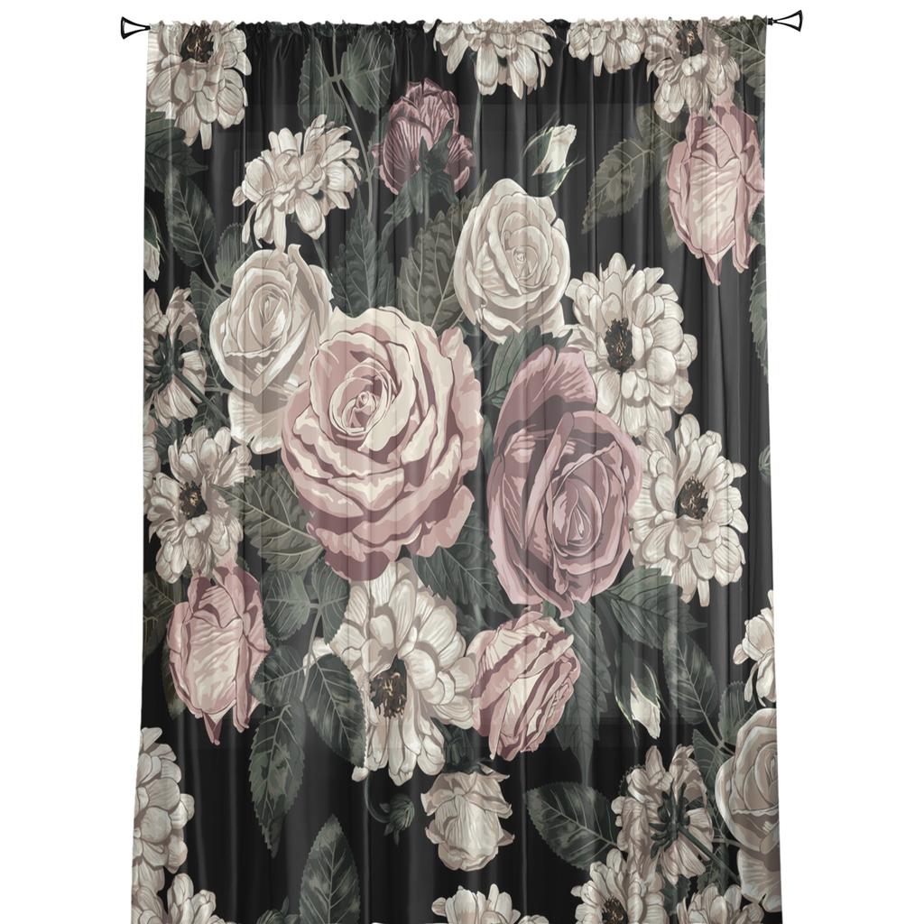 Plant Flowers Green Leaves Tulle Sheer Window Curtains for Living Room Kitchen Children Bedroom Voile Hanging Curtain