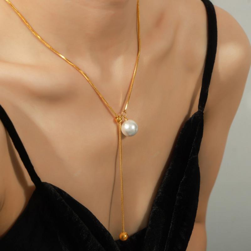 Fashion Minimalist Gold Plated Titanium Steel Pearl Pendant Necklace For Women